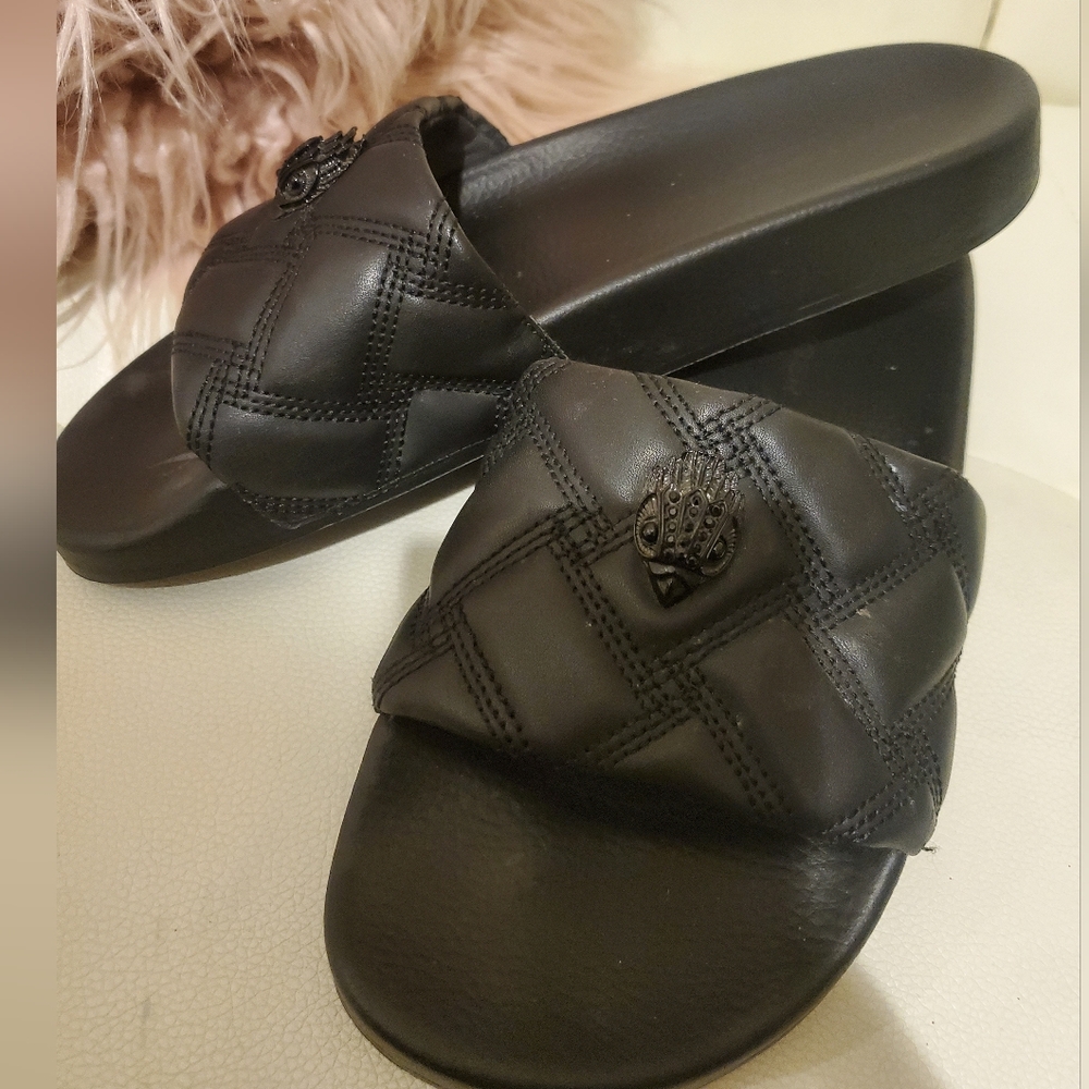 Kurt Geiger Black Quilted Slide Sandals with Crest Detail